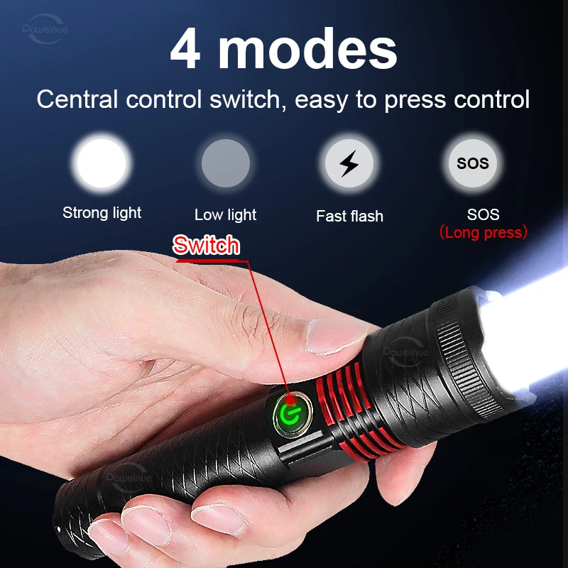 100000LM LED Handheld Flashlight Ultra-Bright Torch 2000mAh Rechargeable Battery Powerful Flash Light Zoomable Tactical Lantern