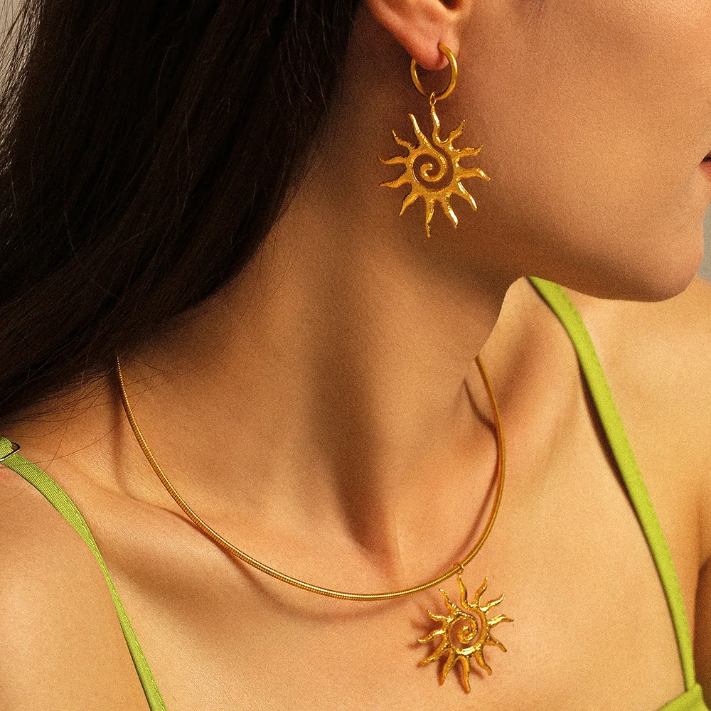 Liora Spiral Sun Pendant Necklace Dangle Earrings For Women Stainless Steel Snake Chain Charm Women Jewelry Sets Party Gifts