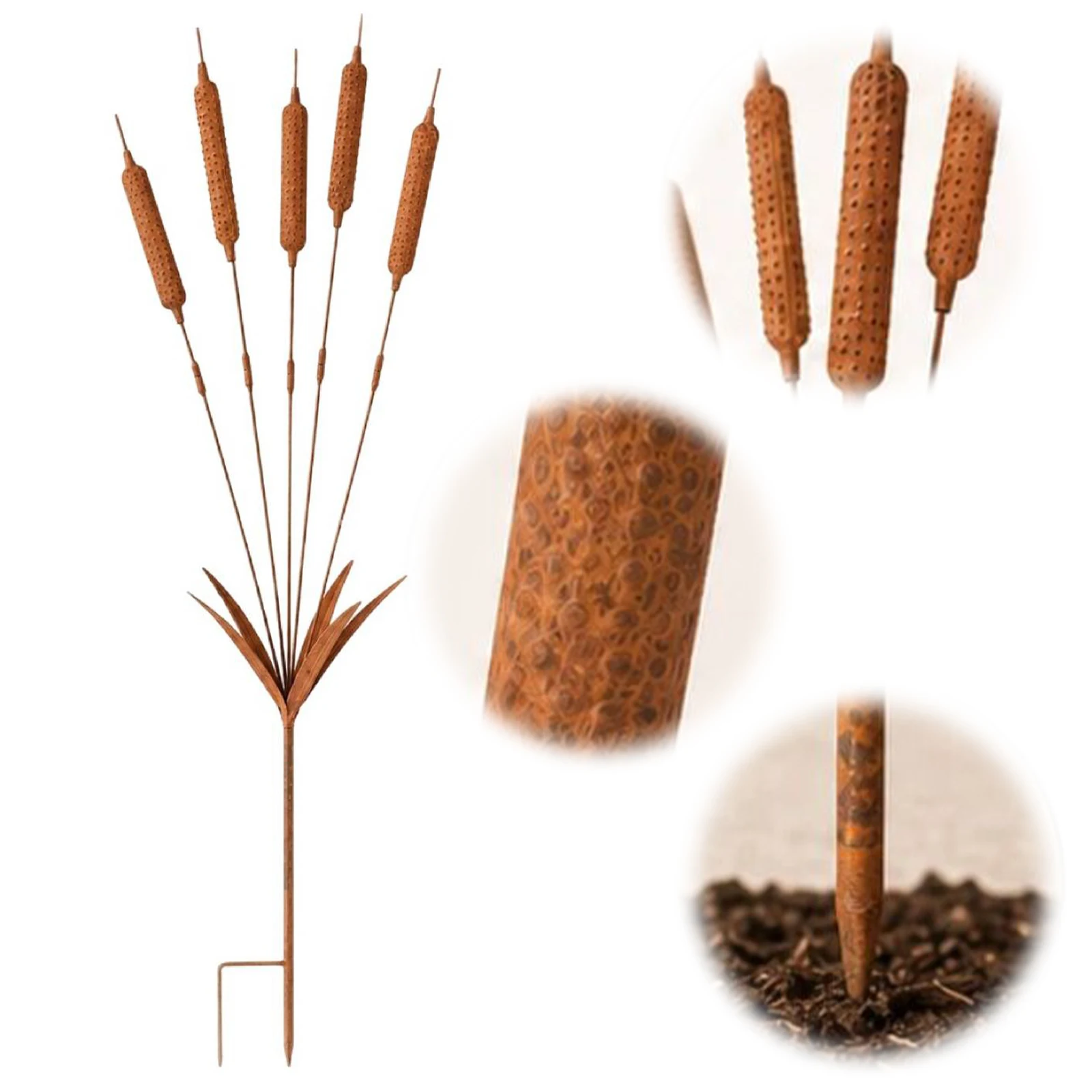 Iron Cattail Windchimes Stake Outdoor Decor Rustic Metal Cat Tail Plant Art Art Wind Chimes Yard Stake for Garden Patio Yard