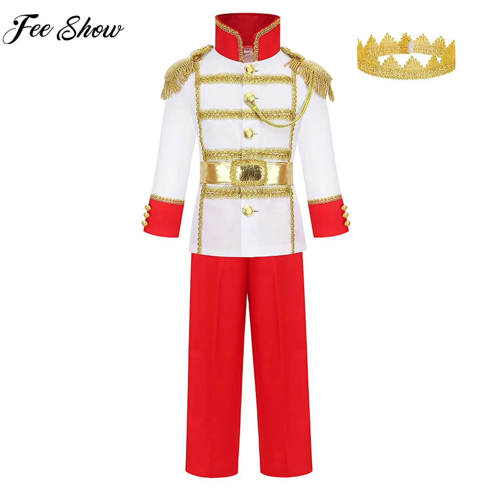 Kids Boys Prince Cosplay Costume Halloween Theme Party Masquerade Roleplay Show Outfit Long Sleeve Jackets with Pants Belt Crown