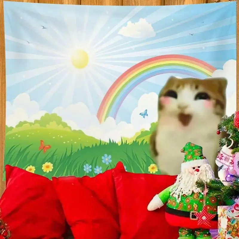 Cute Cartoon Wall Tapestry Rainbow Sun Meadow Backdrop Polyester Wall Hanging for Bedroom Dorm Living Room Funny Wall Decor