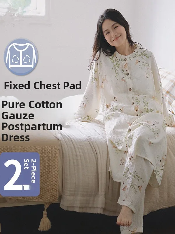 Pure Cotton Gauze Maternity Nightgown Set with Chest Pad Postpartum Sleepwear Spring Summer Nursing Dress Casual Women's Slee...