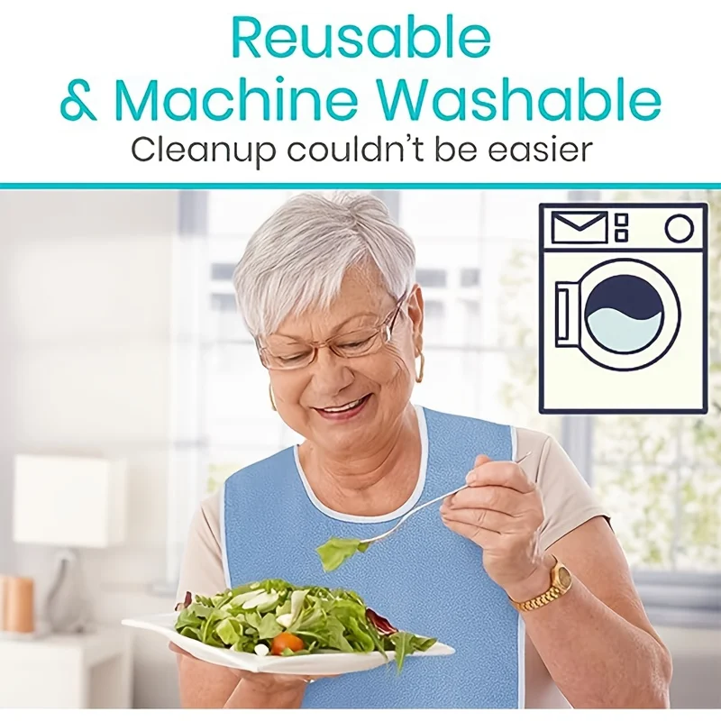 Adult Bibs for Eating, Stain Resistant, with Attached Hook-and-Loop Closure, Made of Durable Polyester