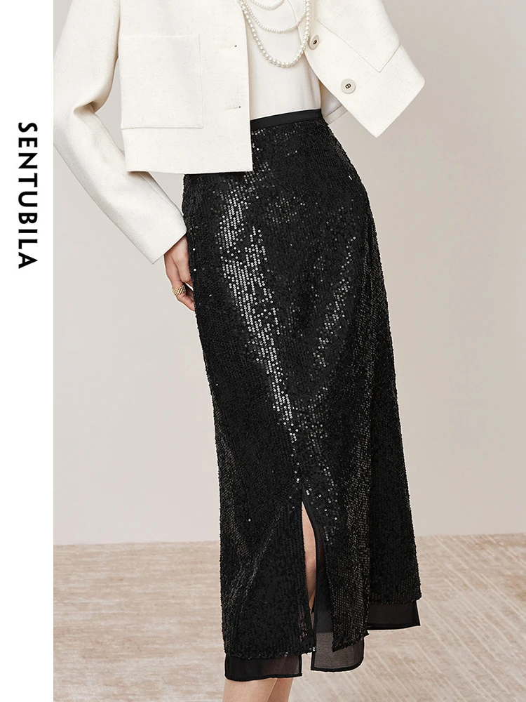 SENTUBILA Black Sequin Skirt Women 2024 Spring Summer Simple Elegant Irregular Split Solid A-line Skirts Clothing 141Q53312