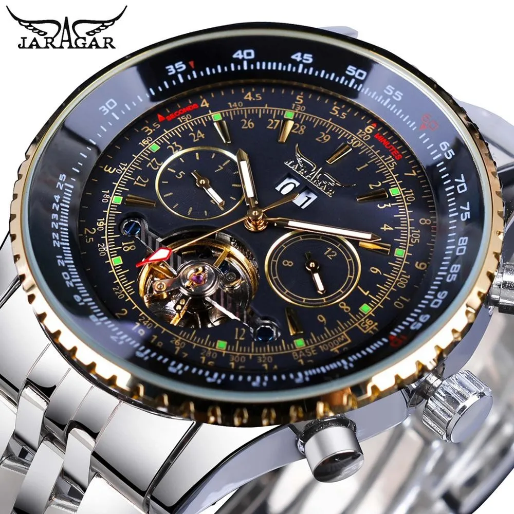 

Jaragar Classic Tourbillon Men Mechanical Watch White Automatic Calendar Big Dial Stainless Steel Band Military Pilot Wristwatch