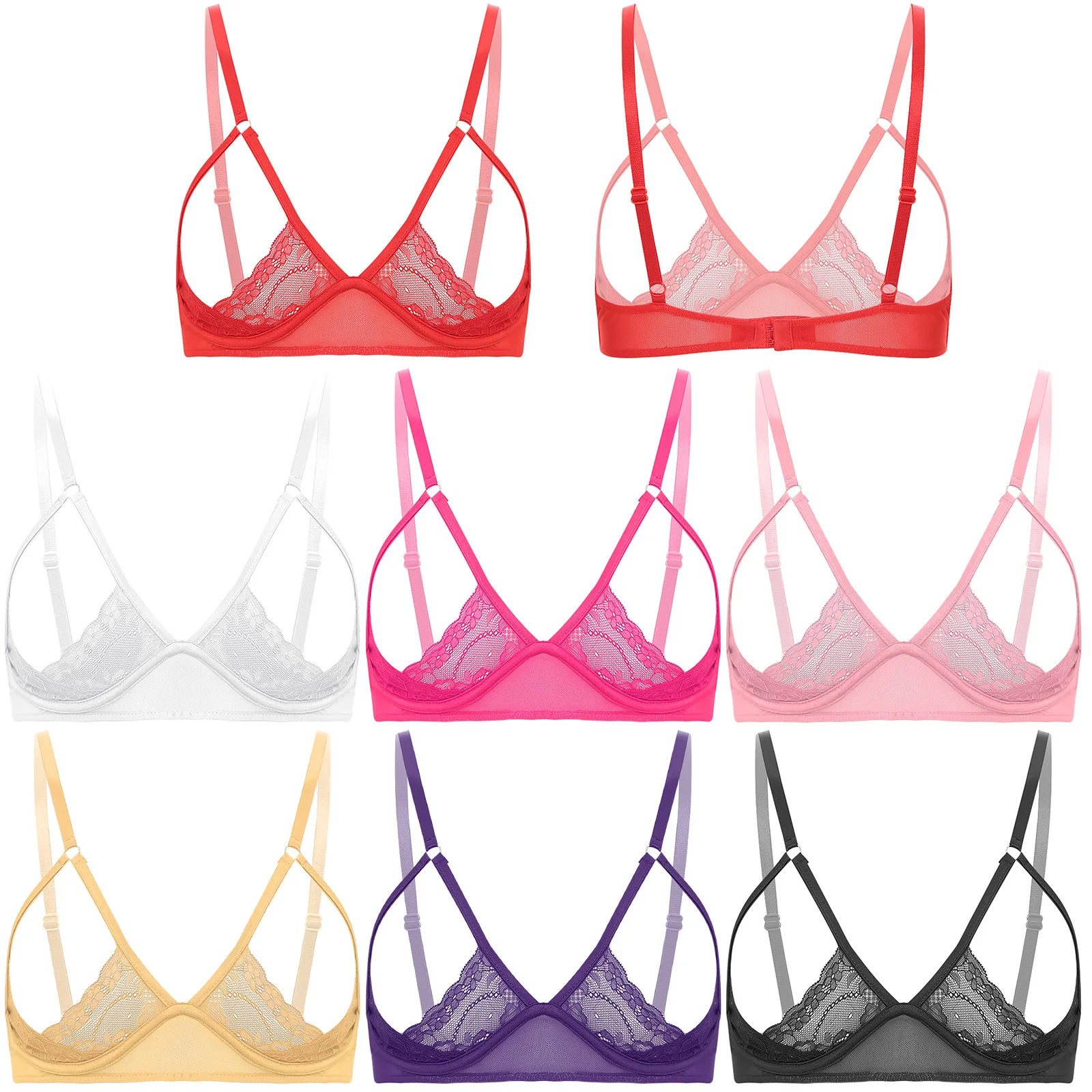 Sutiã de gaiola sexy sem cupless feminino, cintas de espaguete, ver através do laço, malha pura bralette, wirefree, sem forro sutiã top