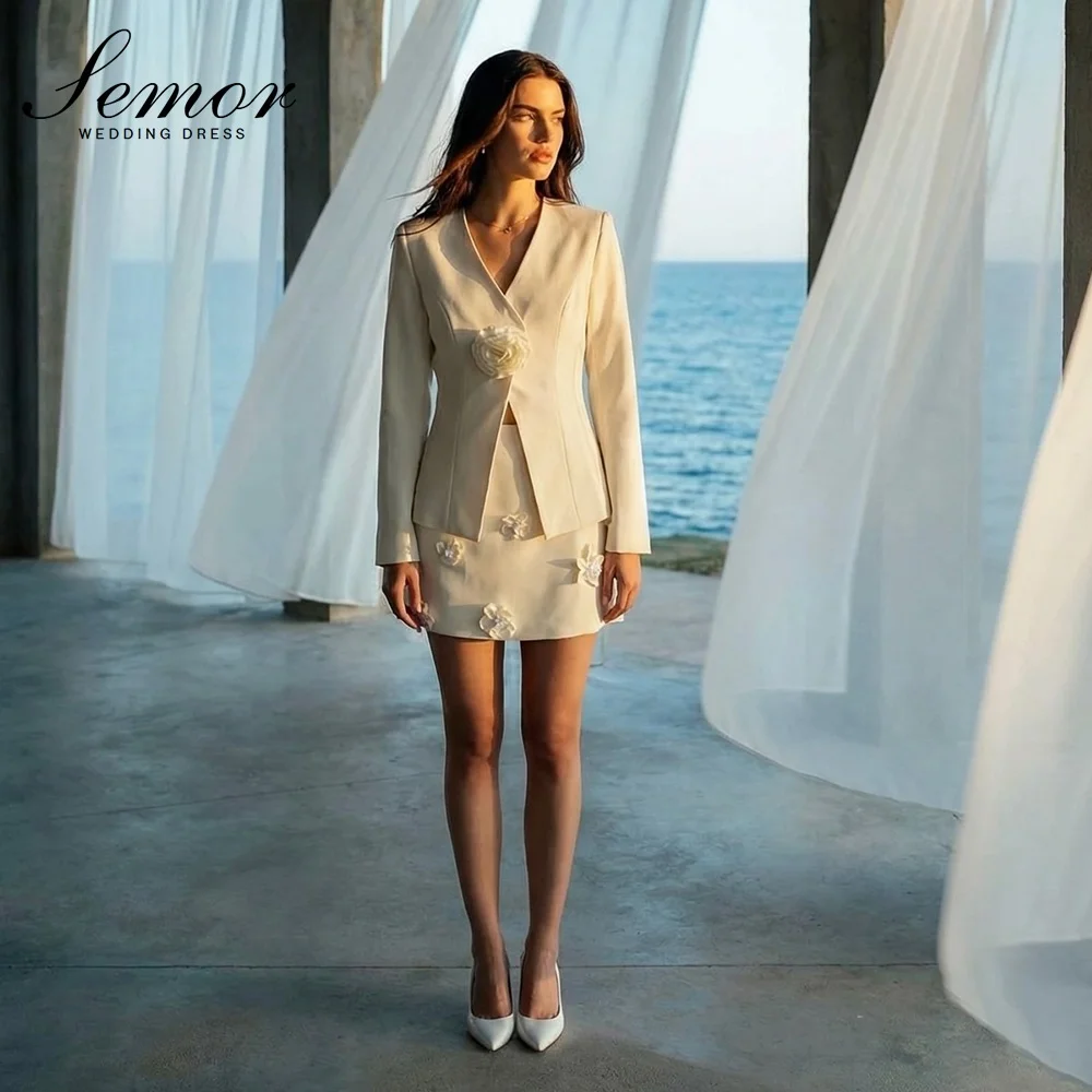 Semor Elegant Off White Satin Mini Wedding Dresses 3D Flowers Graceful V-Neck 2 Pcs Full Sleeve Short Bride Gown Customized