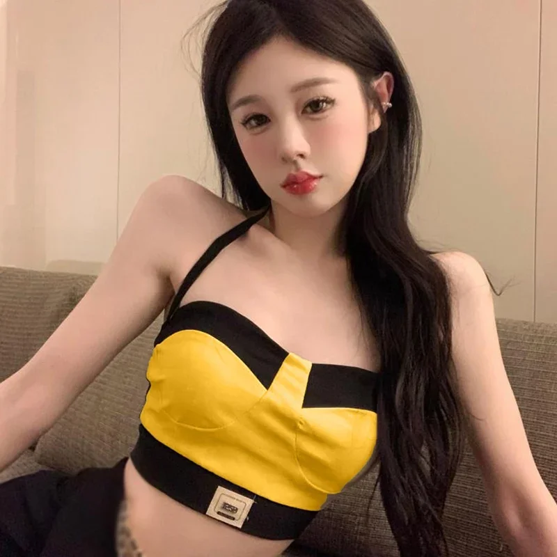 

Summer Women'S Suspenders Contrasting Colors Hanging Neck Short Style Stitching Slim Sexy Bottoming Shirt Vests