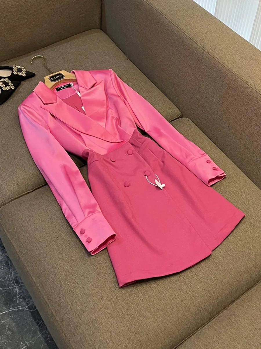 Vintage Elegant Style Lady Office Solid Long Sleeve Double-bredasted Women Quality Short Mini Patchwork Blazer Dress