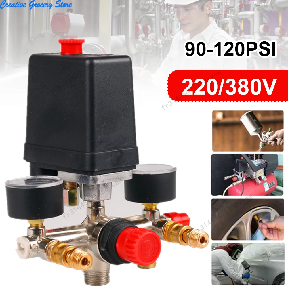 

90-120PSI Pressure Switch Manifold Regulator Gauges Air Compressor Pressure Switch Control Valve 220V Aluminum Alloy Bracket