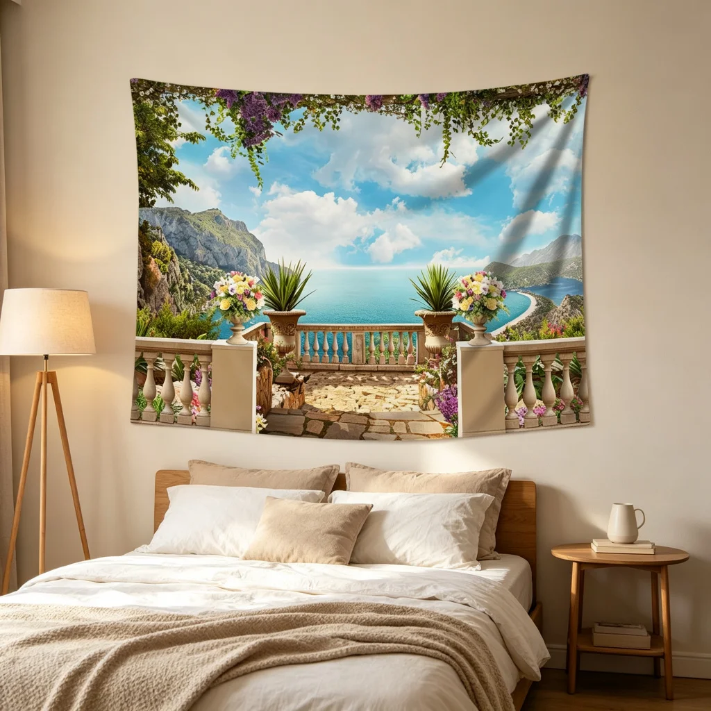 1PC Balcony Ocean View Print Backdrop Banner, Bedroom Living Room Photo Background, Polyester Wall Hanging, Home Decor, Wall Art