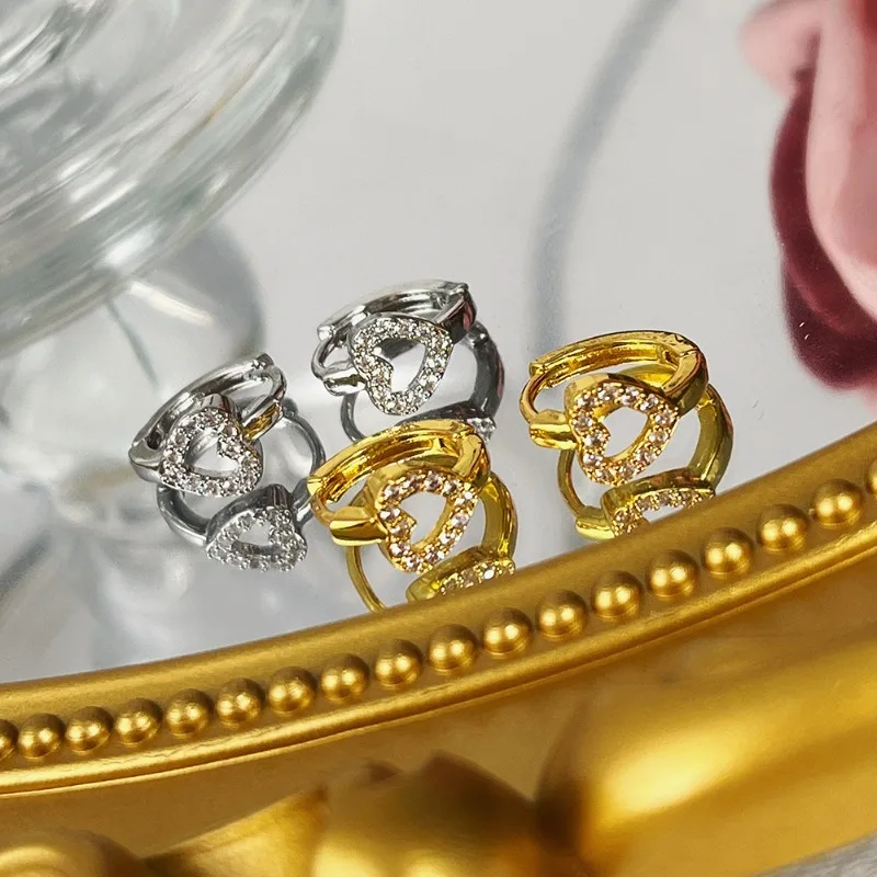 Lnngy Niedlicher hohler Herz-Moissanit-Creolen für Frauen, 925er Sterlingsilber, glänzende Ohrstecker, modischer Ohrschnallen-Schmuck