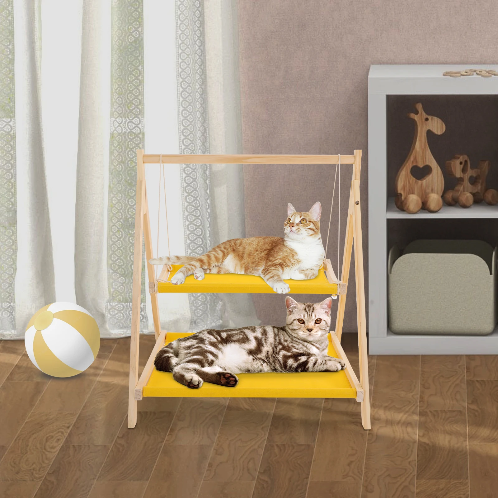 

Pine Wood Cat Hammock Bed,Yellow Double Layer Cat Hammock Bed Floor Standing for Homes,Pet Stores