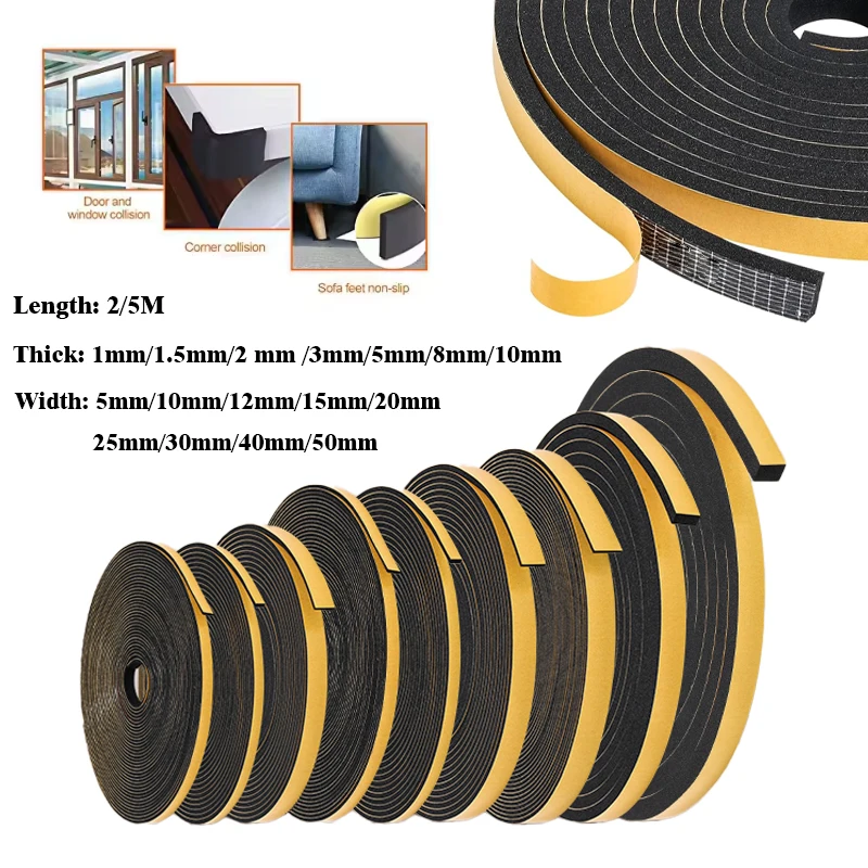 1 roll 2/5m rubber self-adhesive sponge sealing strip EVA adhesive foam rubber anti-collision sound insulation sealing strip
