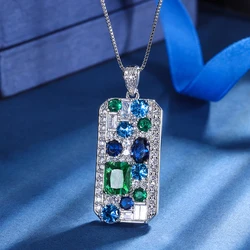 Huitan Blue/Green Cubic Zirconia Pendant Necklace for Women Luxury Trendy Bridal Wedding Neck Accessories Silver Color Jewelry