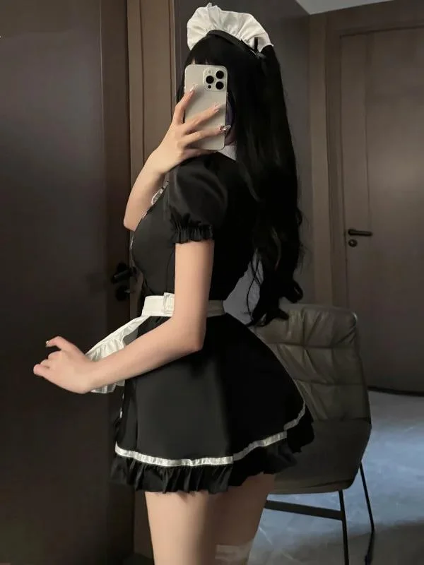 England Style Maid Dress Summer New Vestido Casual Sexy Restaurant Waiters Bow Tie Straps Button Loose Flounce Dress Elegant 0FN