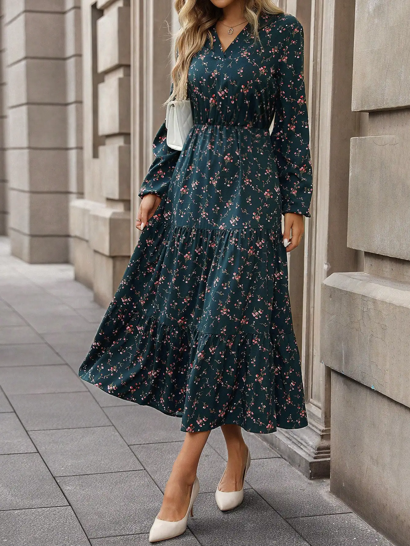 Vestido Maxi Floral de Manga Longa com Decote em V para Mulheres, Look Casual de Outono com Saia em Camadas