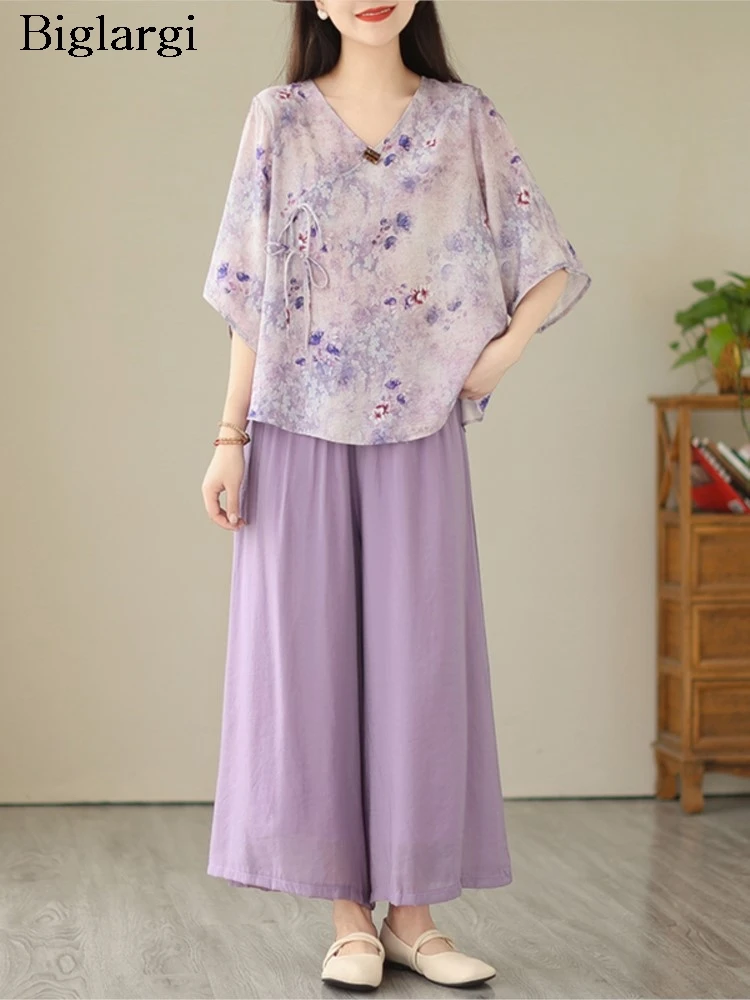 

Oversized Summer 2 Two Piece Set Women Flower Floral Print Fashion V-Neck Ladies Blouses Wide Leg Loose Woman Elastic Waist Pant