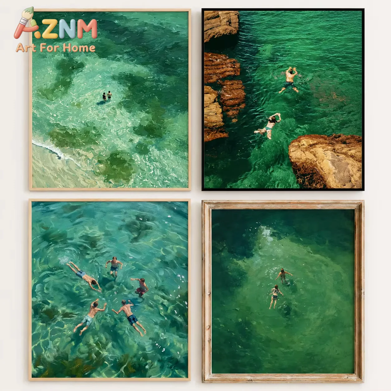 AZNM Swimming in Green Abstract Print _ Vintage Retro Wall Art _ Minimalist Green Holiday Decor