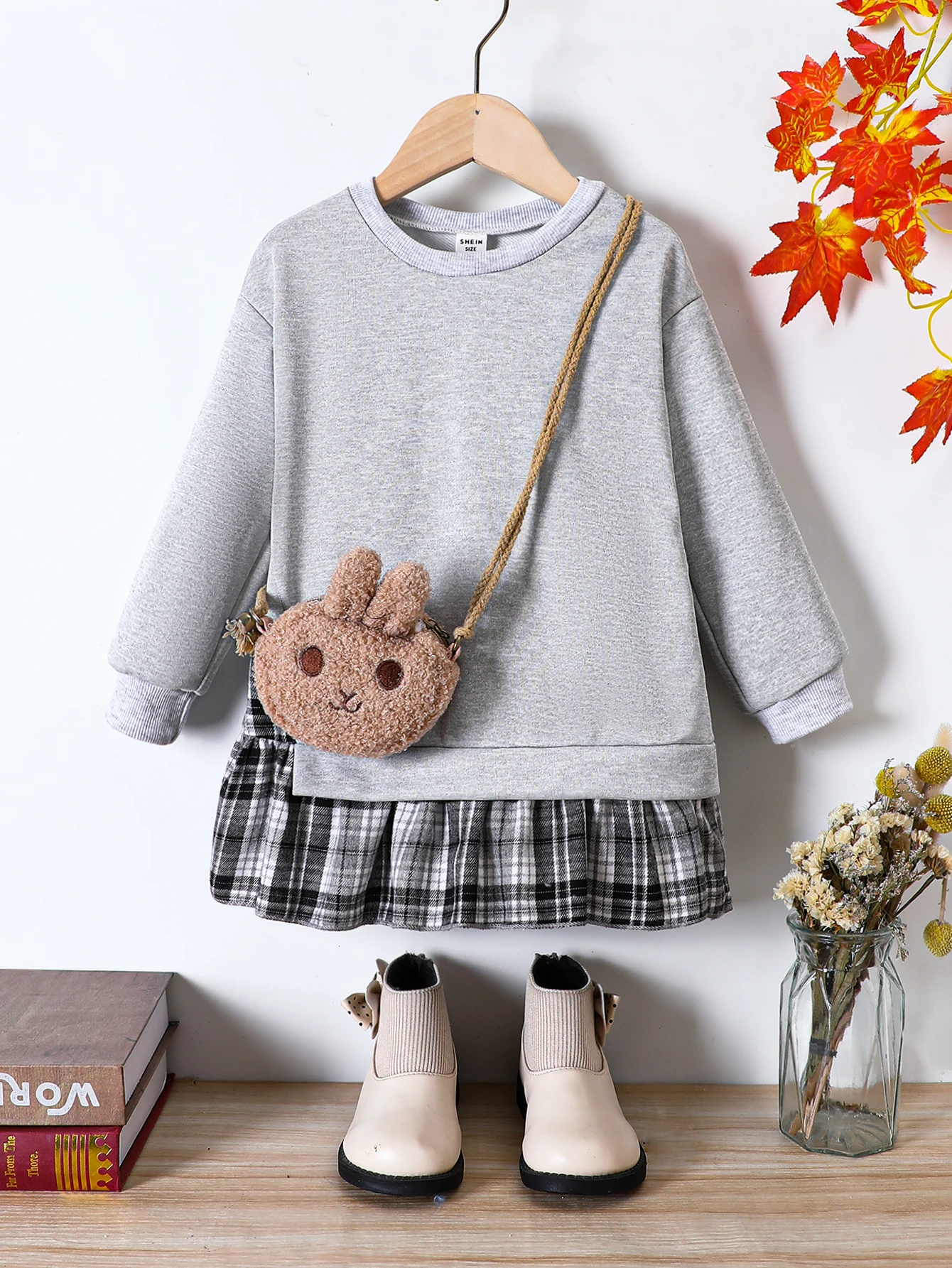 Spring Autumn Girls Set Round Neck Long sleeved Top Plaid Short Skirt Fashionable Cute Children's Clothing