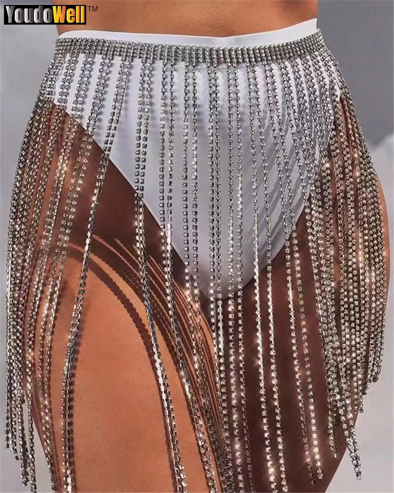 

Trendy Diamond Bar Stitching Waist Chain, Stage Costume with Tassel Skirt, Bright and Dazzling, Playful Performance