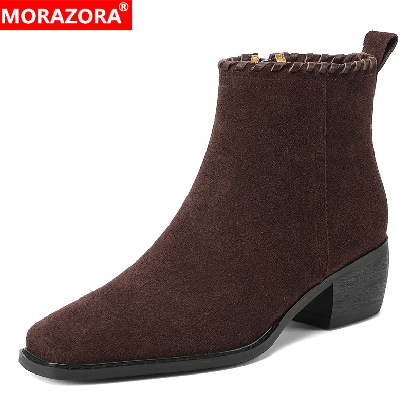 

MORAZORA Cow Suede Leather Western Boots Women Square Mid Heels Zipper Handmade Cowboy Women's Ankle Boots Female Shoes
