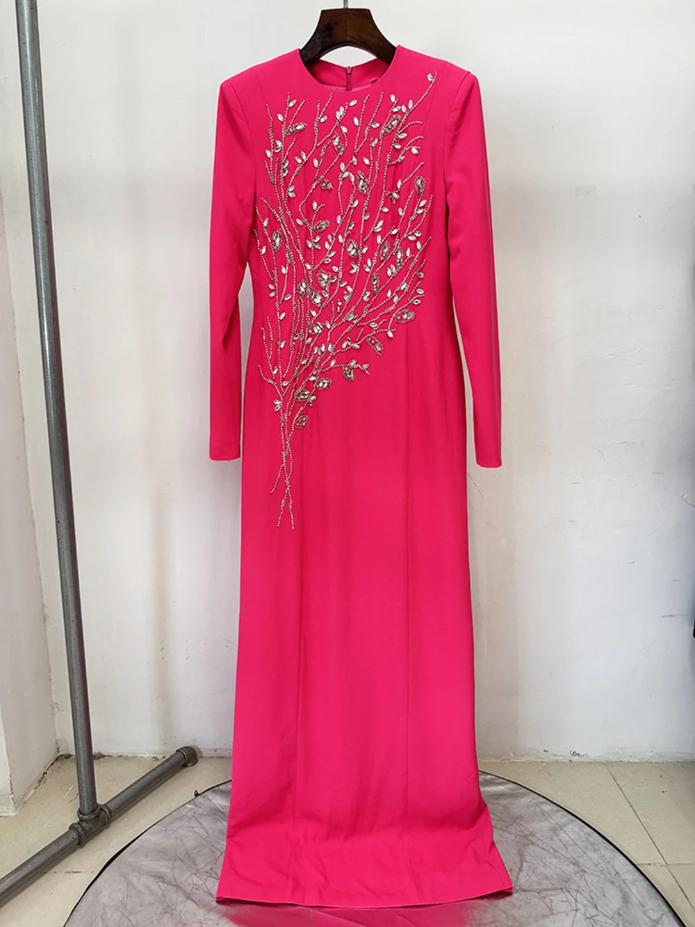 Modphy جودة عالية مصمم أزياء المرأة حجر الراين الماس مطرز فستان طويل رسمي كم طويل فستان ماكسي فاخر