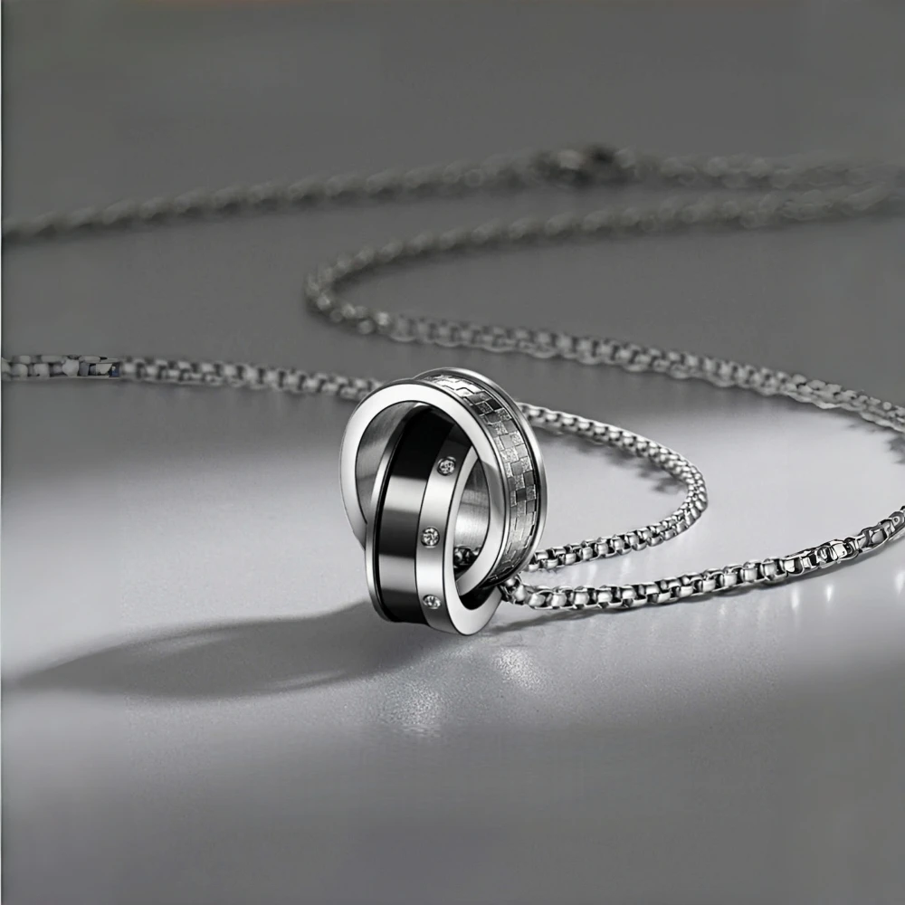 Retro-Doppelring-Anhänger-Halskette für Damen und Herren, luxuriöser Titanstahl, nicht verblassend, Pulloverkette, Hip-Hop-Paarschmuck, Kpop-Geschenk – Detail 2