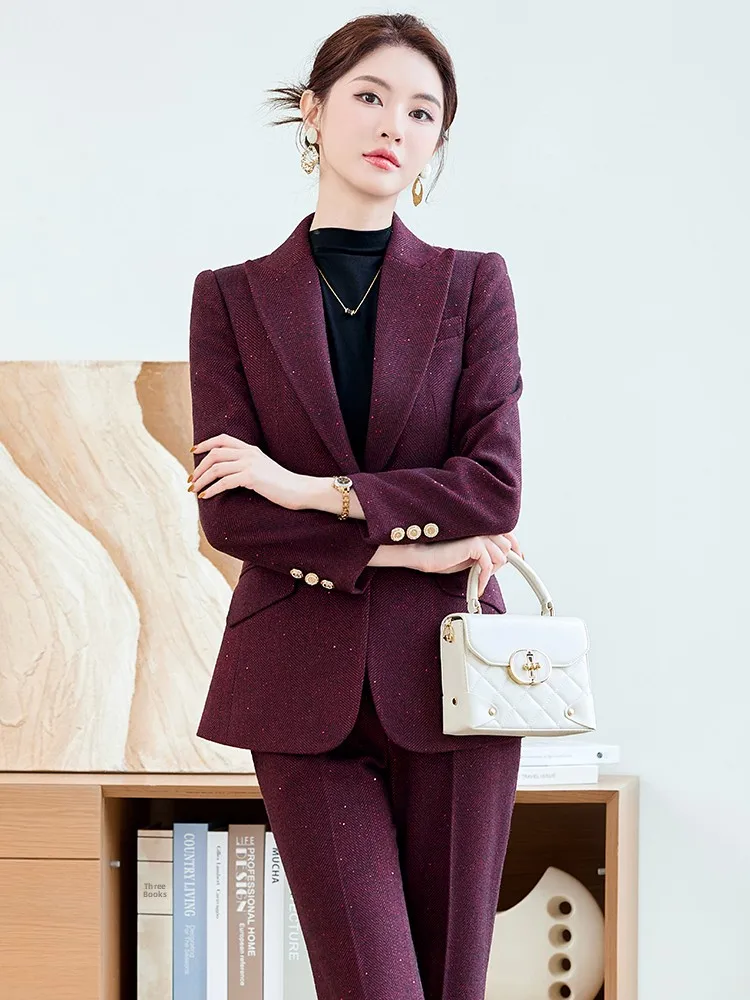 Wine Red Business Suit Jacket Women's Commute Casual Workwear Ensemble Premium Professional Autumn Winter Office Outfit