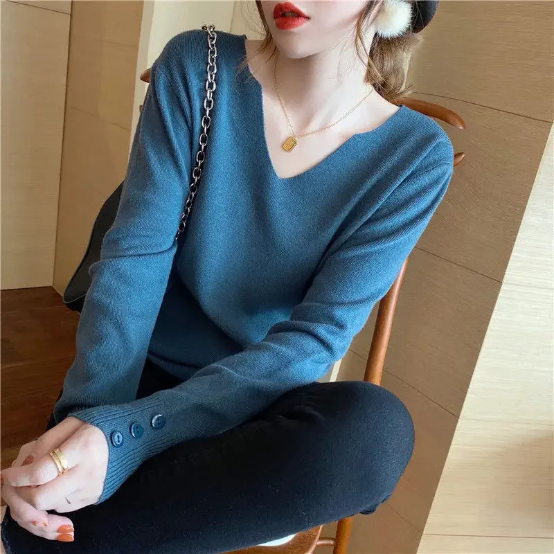 

Sweater Pullovers Women Various Color Casual All-match V-neck Student Elegant Solid Button Design Fashion Korean Style Ins Loose