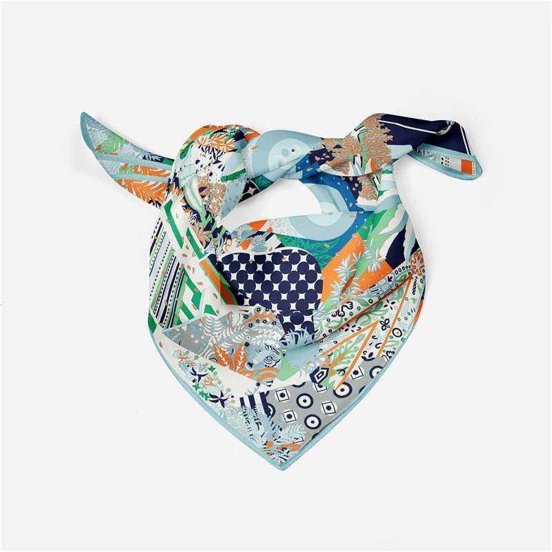 Twill Silk Scarf Woman Sun Foreast Painting Square Scarves Wraps Bandana Small Hijab Silk Foulards Tie Headband Neckerchief 53CM