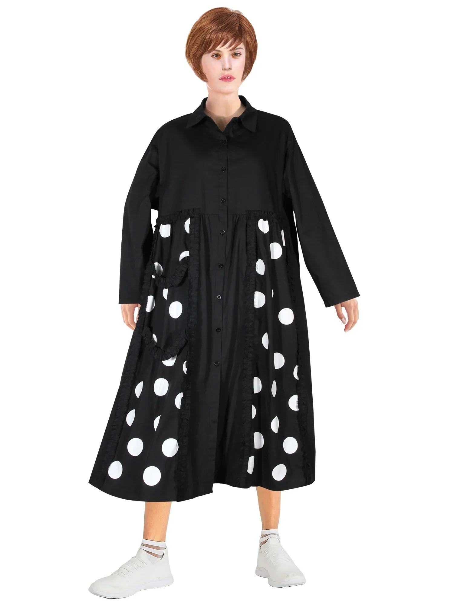 Stitching Dresses Fungus Lace Design Full Sleeve Black & White Dot Ruffle-Accent Oversize Shirt Dress