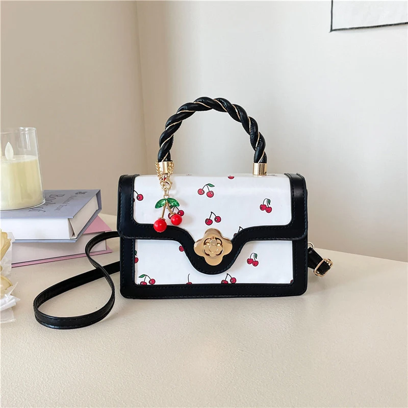 Bolso cuadrado de cereza para mujer, bandolera de piel sintética con cereza dulce, bandolera con correa ajustable, bolsos pequeños para exteriores