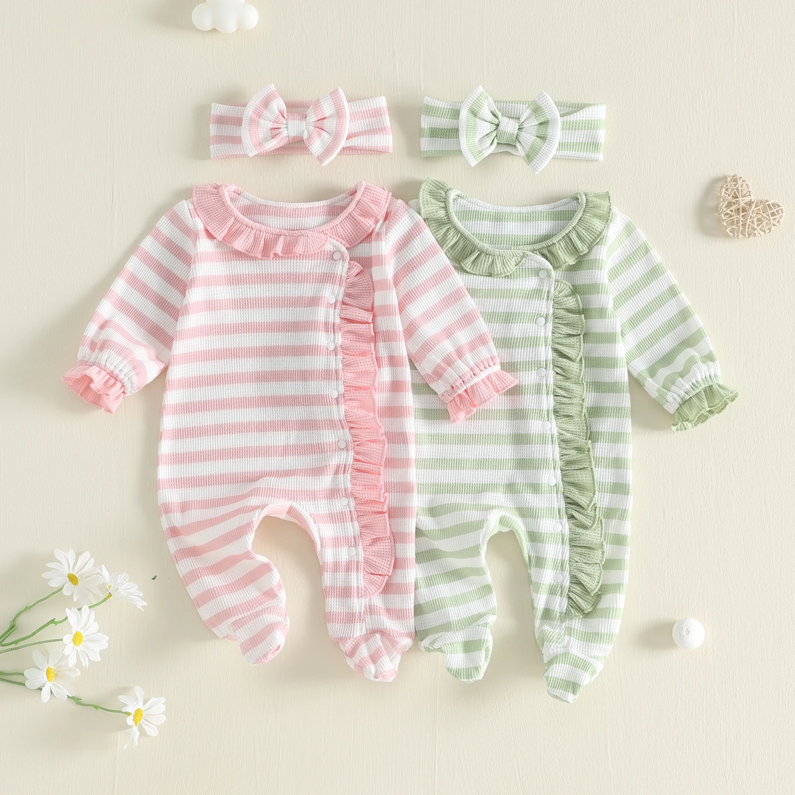 Spring Fall Infant Baby Girls Waffle Footed Romper Long Sleeve Striped Jumpsuit with Headband