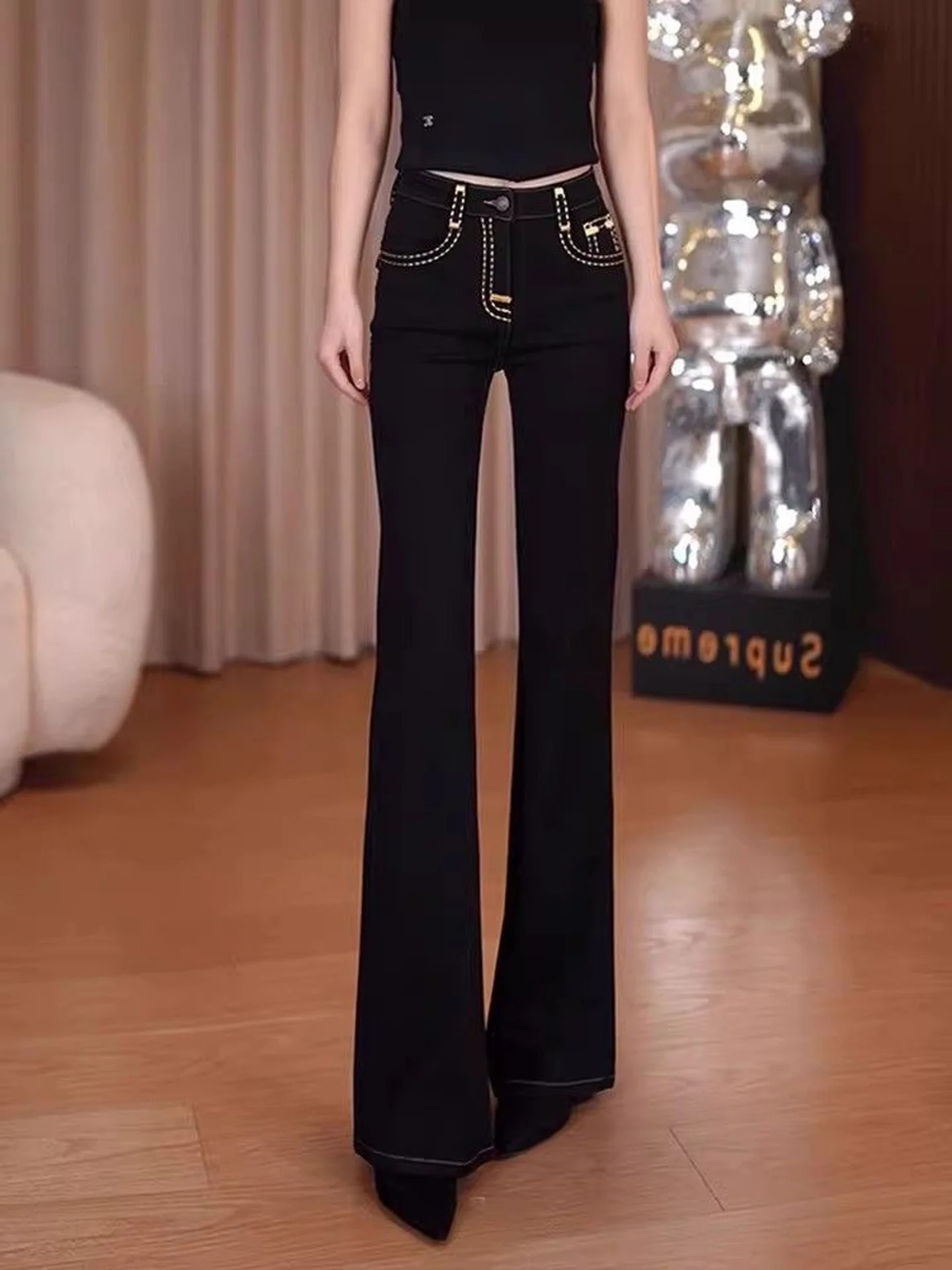 Slimming High Waist Bell Bottom Jeans Women's Stretchy Versatile Fall 2026 New Style American Style Denim Pure Color Daily Wear