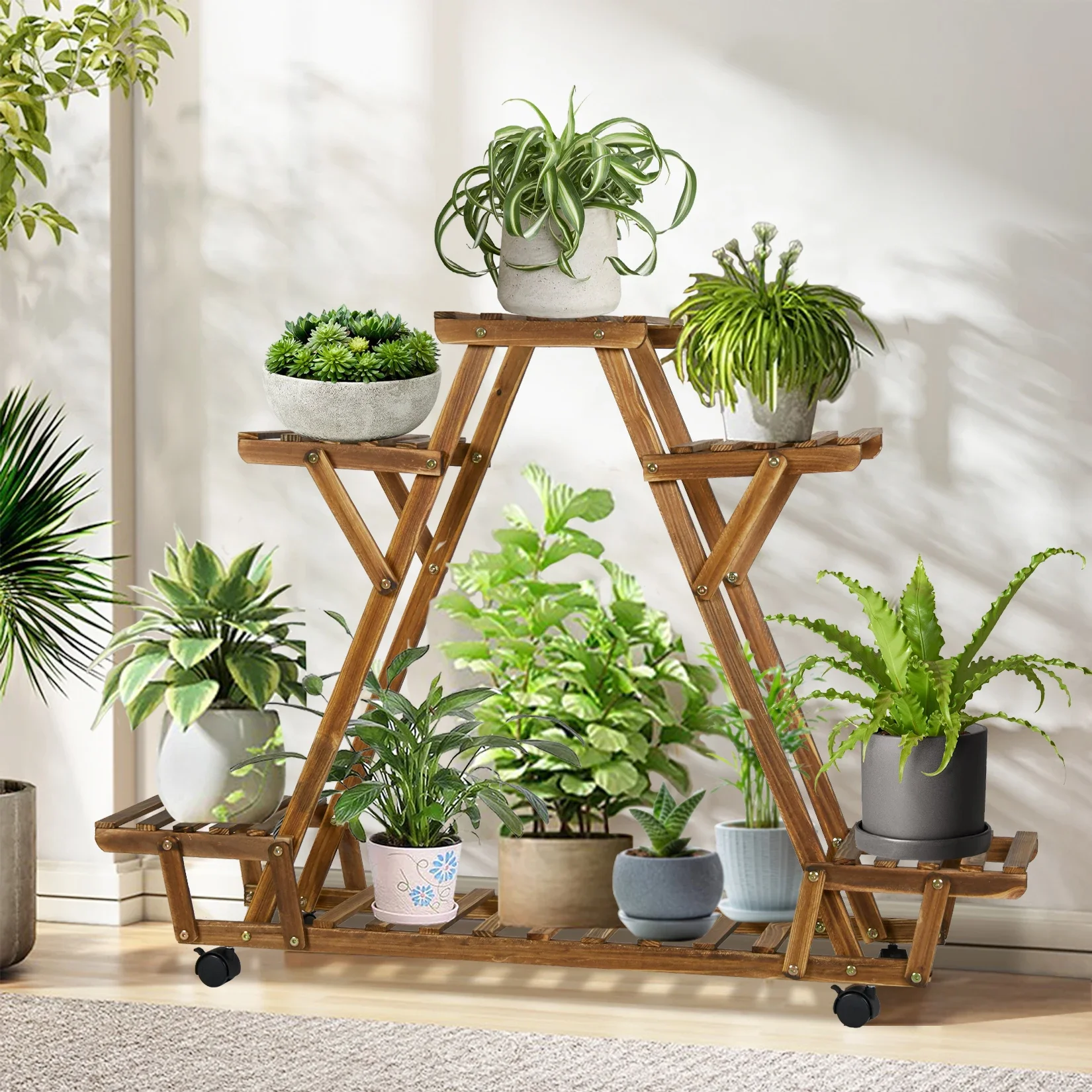 6 Tier Movable Wood Plant Stand Triangular Shelf Flower Pot Storage Holder Garden Display Shelving Rack Outdoor Indoor