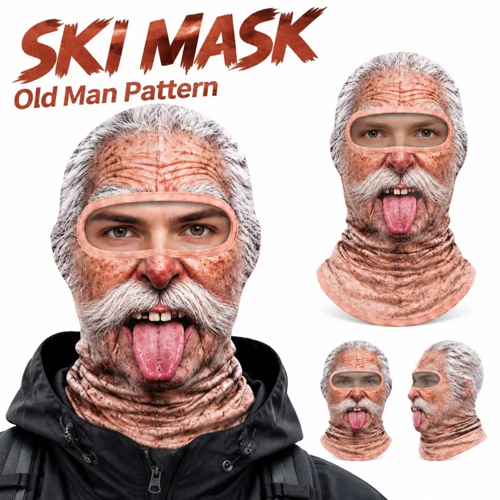 Old Man Pattern Ski Mask 3D Face Printed Keep Warm Balaclava Breathable Elastic Full Face Mask for Winter Outdoor Sports Cycling