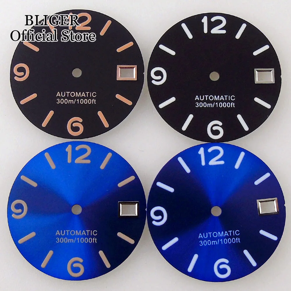 

New 28.5mm Sterile Black Blue Sunburst Watch Dial Luminous Fit NH35 NH36 Automatic Movement Watch Parts