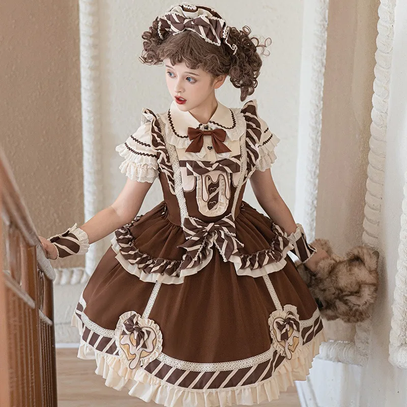 French Sweet Chocolate Lolita Jsk Sling Dress Women Sweet Lace Ruffles Victorian Gothic Bow Princess Dress