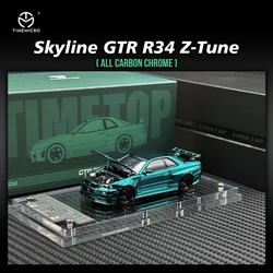 TM In Stock 1:64 Skyline GTR R34 Z TUNE Chrome Green Carbon Hood Diecast Diorama Car Model Time TOP Micro