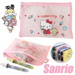 Sanrio-Bolsa de malla con cremallera para niñas, bolsa de almacenamiento transparente portátil, bolsa de cosméticos para estudiantes, suministros de oficina y escuela, estuche para lápices