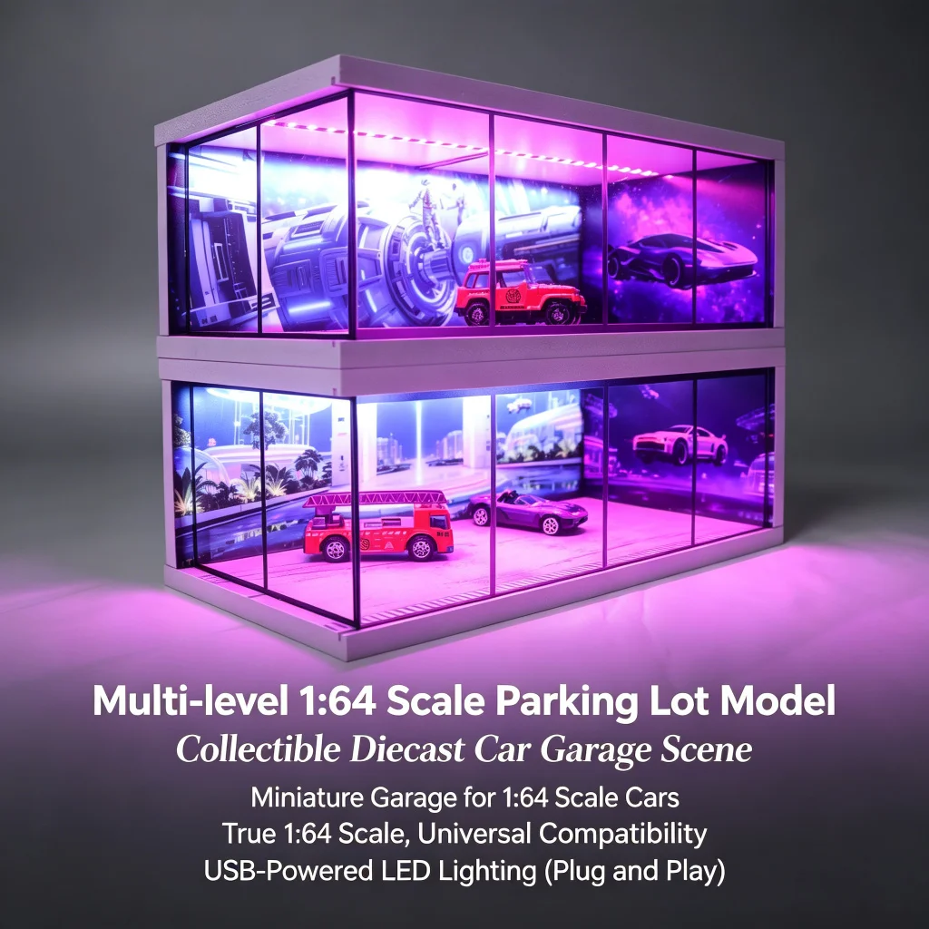 G FANS 1:64 Car Garage Models Shop Parking Building Led Diorama Building Scene Model with Lights Car Garage Diorama Scene Model