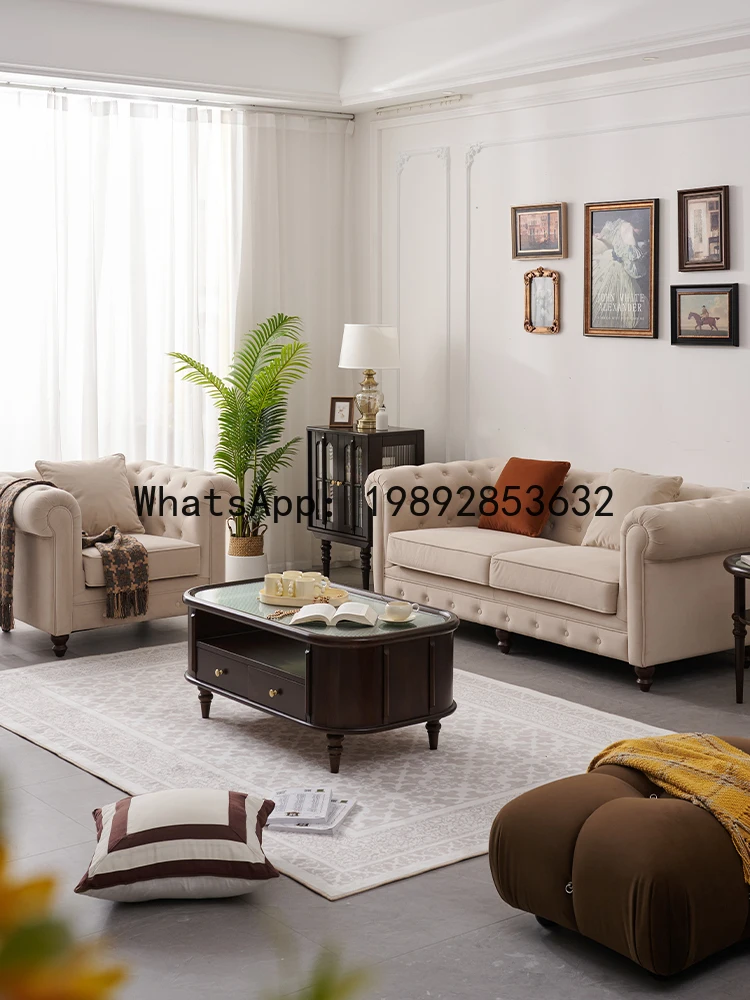 LYY French Vintage Style Fabric Velvet Sofa Living Room American Retro Small Apartment Solid Wood Button European Straight