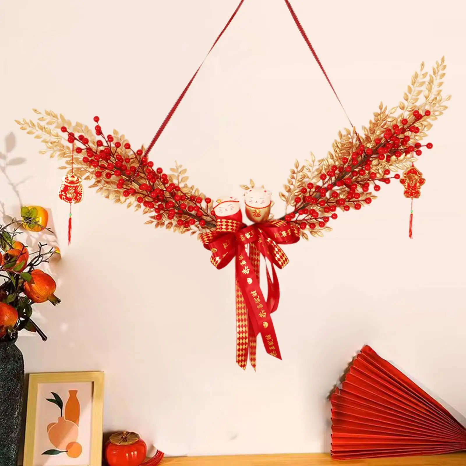 Corona de Año Nuevo Chino, adorno para puerta delantera, decoración creativa para el hogar con gatos, decoración colgante, corona de gatos de la suerte para interior y exterior