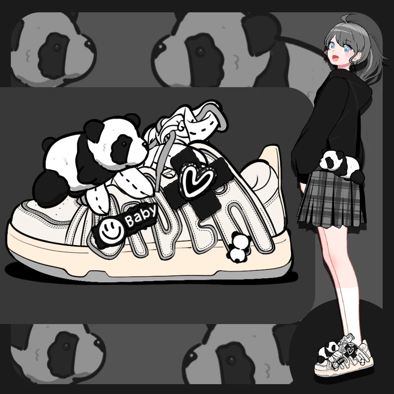 

Amy and Michael Lovely Anime Panda Shoes Fashion Women Casual Sports White Sneakers Female Skateboard Shoes Girls Flat Trainers