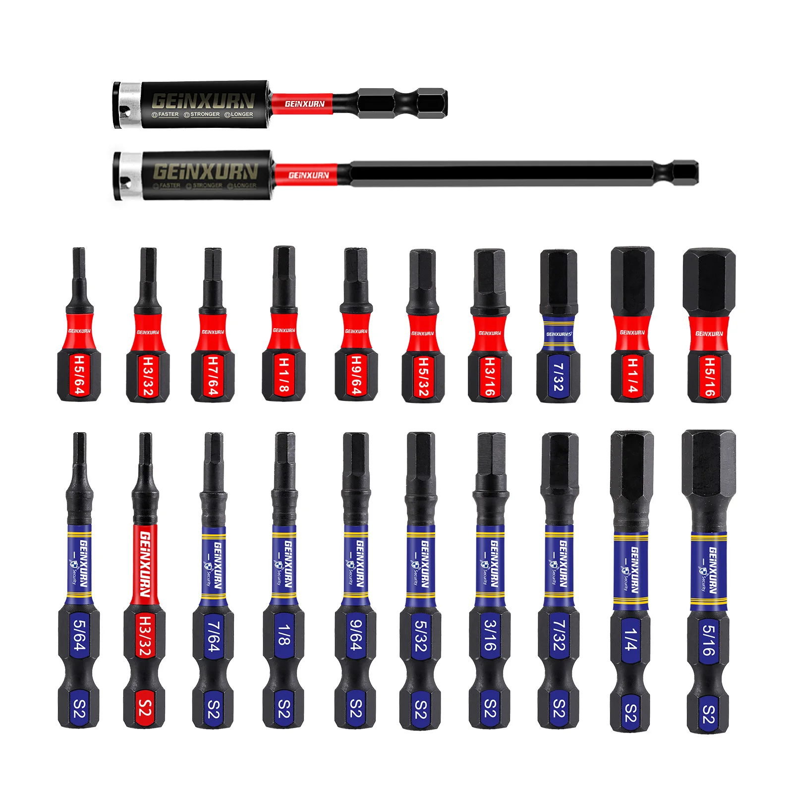 

GEINXURN Multi Hex Head SAE Power Impact Tough Magnetic Allen Wrench Drill Bits Set, with Extension Bit Holder