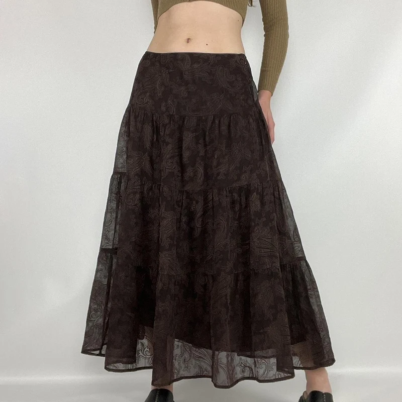 Skirt Women's Dark Brown Loose Casual Floral Jacquard Double-Layer Printed American Style A- lineDress Spring and Autumn Fashion