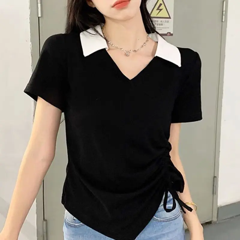 

V Neck Slim Pleated Irregular Tops Summer Korean Drawstring Lacing Contrast Short Casual T Shirts Fashion Trend Women Clothing