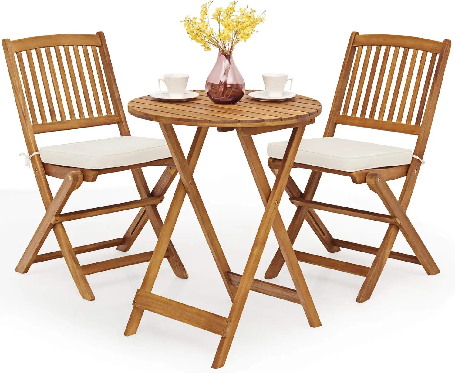 3 PCS Patio Folding Bistro Set, Outdoor Acacia Wood Chair and Table Set w/Padded Cushion& Round Coffee Table, Ideal for Indoor P