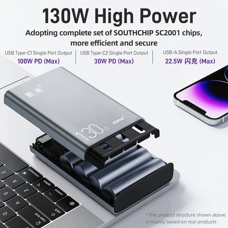 Zime 20000mAh szybko ładujący power bank 130W duża moc zewnętrzna bateria przenośna Powebank odpowiedni dla MacBook iPad Swich iPhone15/14/13/12,